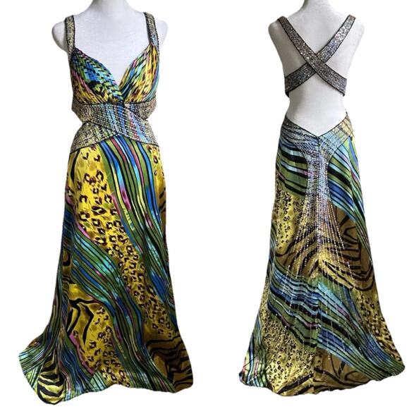Caché Dresses & Skirts - Cache Beaded Sequined Satin Gown Dress women's 4 Y2K Cut Out Peacock Gypsy